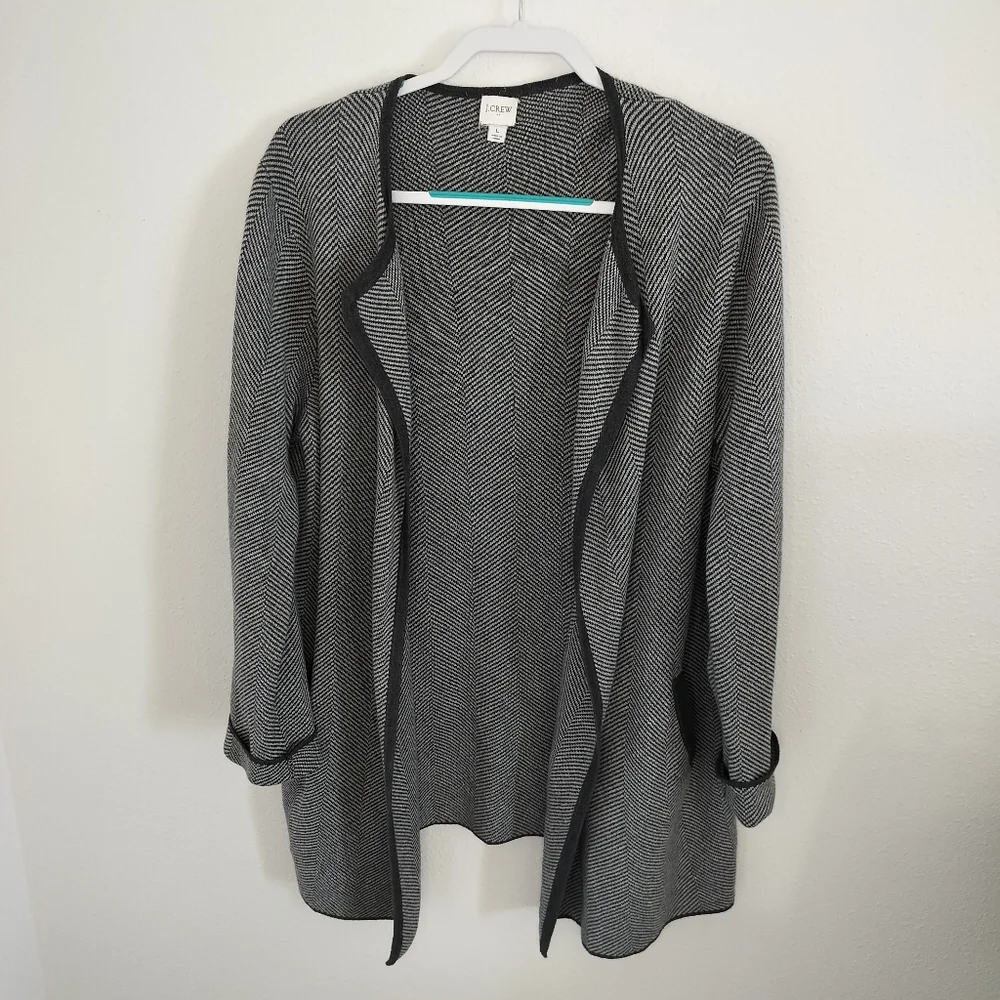J Crew Vanessa Womens sweater-jacket‎ Gray/white herringbone Sz L Minimalist